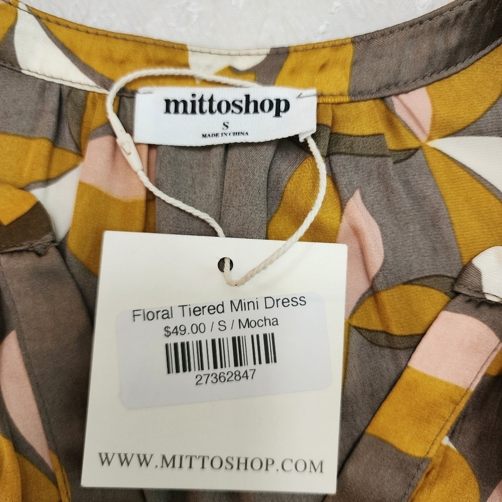 Mittoshop Floral Ruffle Sleeve Dress Tiered Mini Mocha Size S - Picture 3 of 10